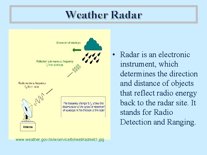 Weather Radar • Radar is an electronic instrument, which determines the direction and distance