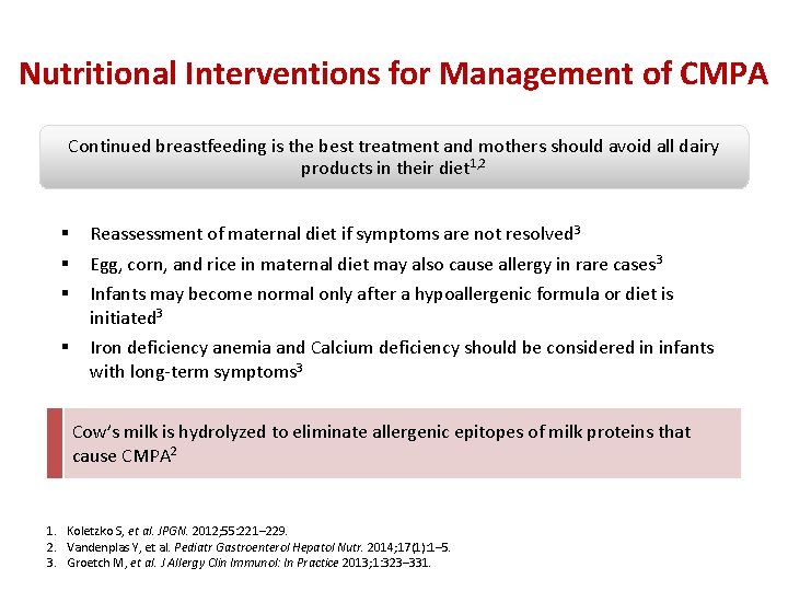 Nutritional Interventions for Management of CMPA Continued breastfeeding is the best treatment and mothers