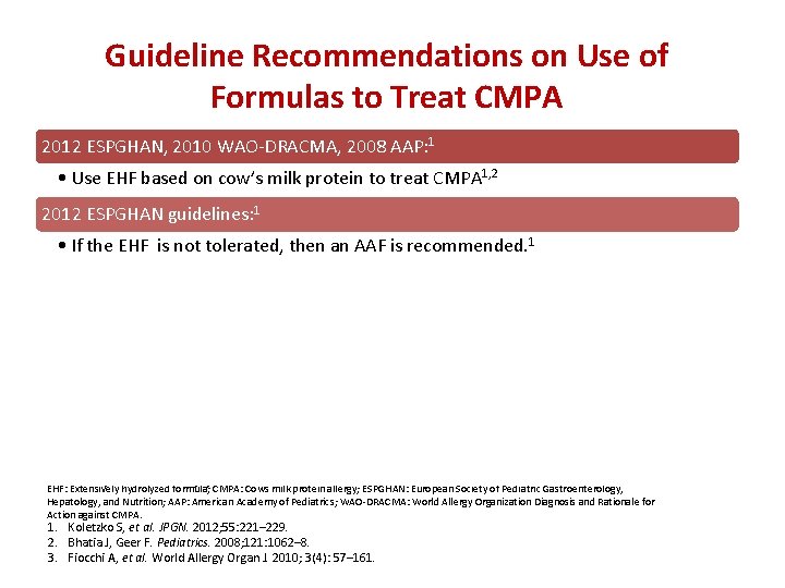 Guideline Recommendations on Use of Formulas to Treat CMPA 2012 ESPGHAN, 2010 WAO-DRACMA, 2008