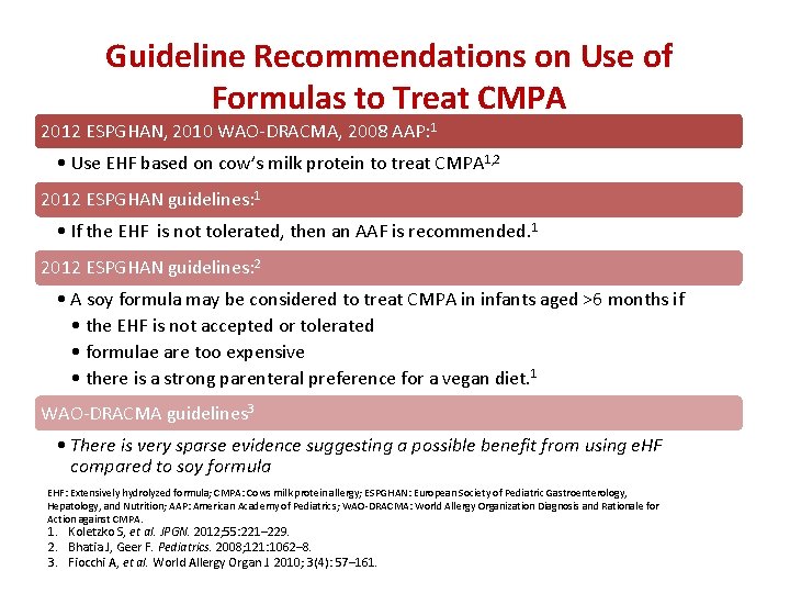 Guideline Recommendations on Use of Formulas to Treat CMPA 2012 ESPGHAN, 2010 WAO-DRACMA, 2008