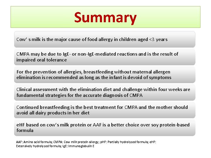 Summary Cow’ s milk is the major cause of food allergy in children aged