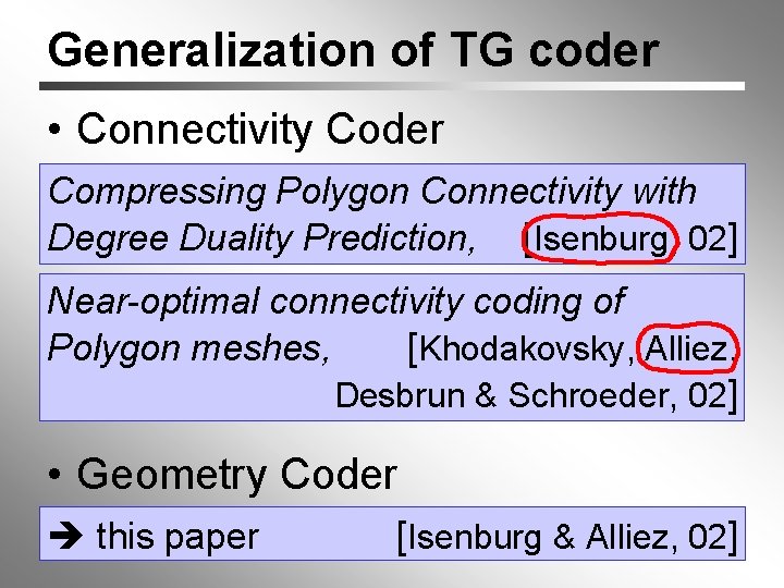 Generalization of TG coder • Connectivity Coder Compressing Polygon Connectivity with Degree Duality Prediction,