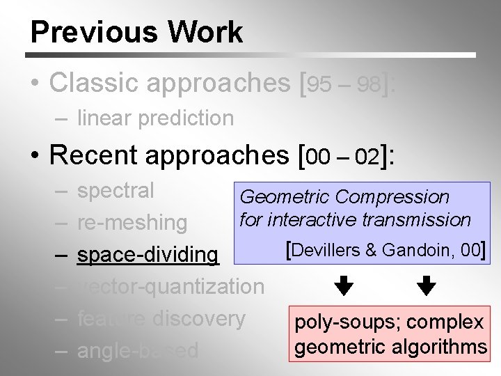 Previous Work • Classic approaches [95 – 98]: – linear prediction • Recent approaches