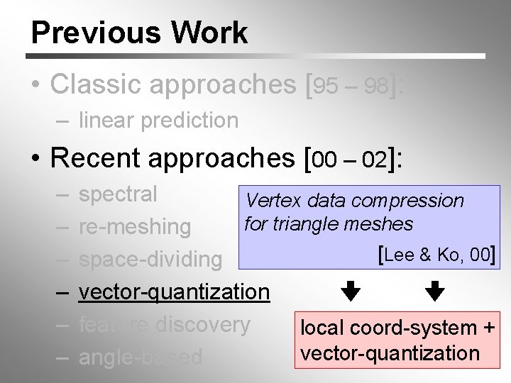 Previous Work • Classic approaches [95 – 98]: – linear prediction • Recent approaches