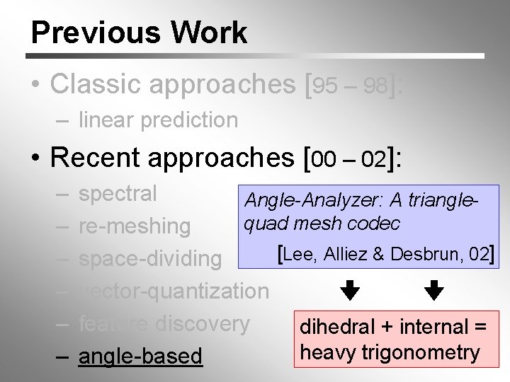 Previous Work • Classic approaches [95 – 98]: – linear prediction • Recent approaches