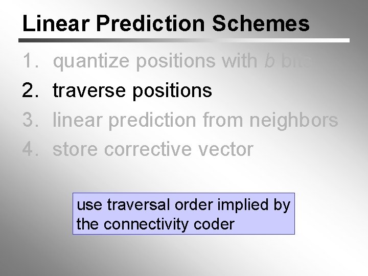 Linear Prediction Schemes 1. 2. 3. 4. quantize positions with b bits traverse positions