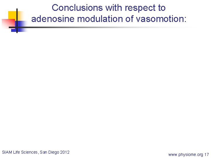 Conclusions with respect to adenosine modulation of vasomotion: SIAM Life Sciences, San Diego 2012