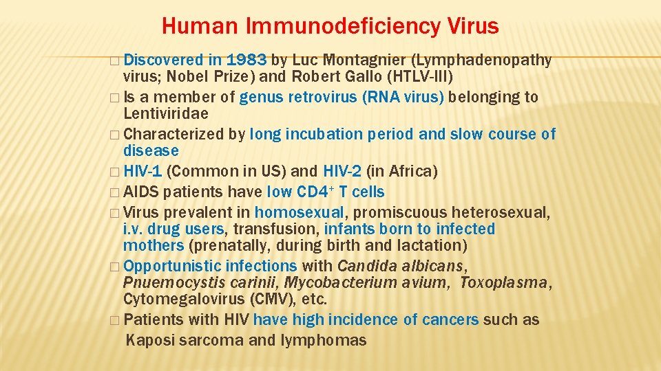 Human Immunodeficiency Virus � Discovered in 1983 by Luc Montagnier (Lymphadenopathy virus; Nobel Prize)