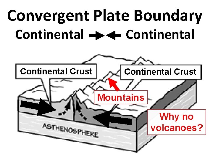 Convergent Plate Boundary Continental Crust Mountains Why no volcanoes? 