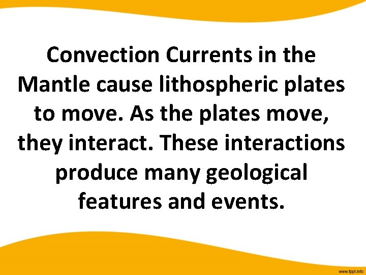 Convection Currents in the Mantle cause lithospheric plates to move. As the plates move,