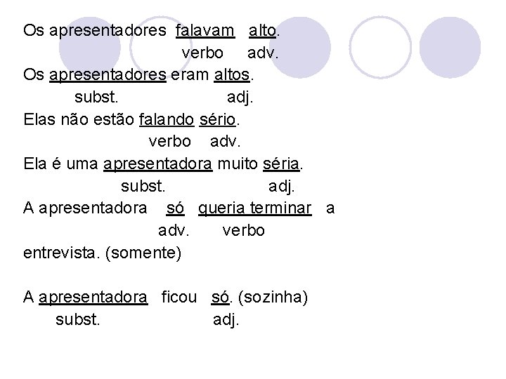 Os apresentadores falavam alto. verbo adv. Os apresentadores eram altos. subst. adj. Elas não