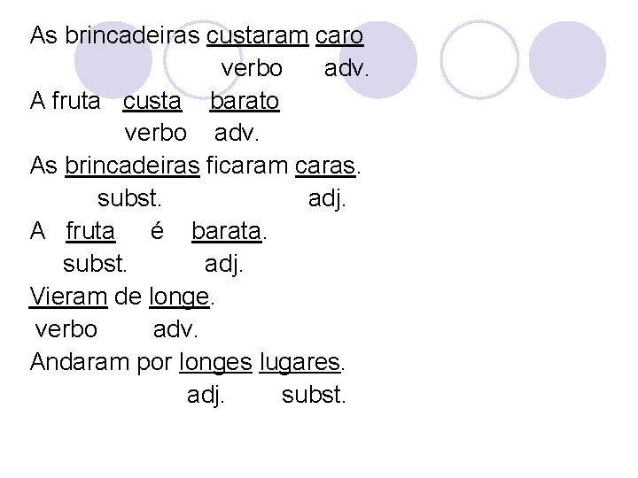 As brincadeiras custaram caro verbo adv. A fruta custa barato verbo adv. As brincadeiras