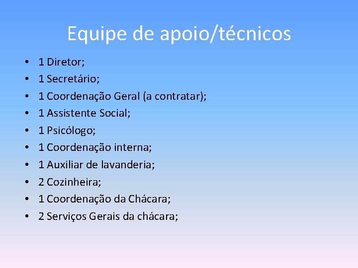 Equipe de apoio/técnicos • • • 1 Diretor; 1 Secretário; 1 Coordenação Geral (a