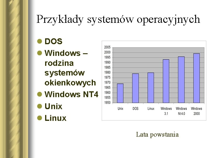 Przykłady systemów operacyjnych l DOS l Windows – rodzina systemów okienkowych l Windows NT