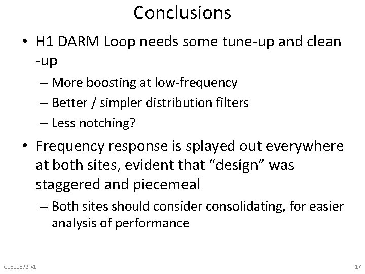 Conclusions • H 1 DARM Loop needs some tune-up and clean -up – More