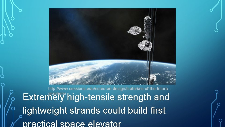 http: //www. sessions. edu/notes-on-design/materials-of-the-futuregraphene Extremely high-tensile strength and lightweight strands could build first 