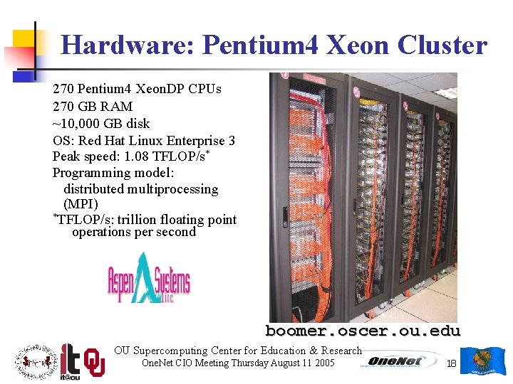 Hardware: Pentium 4 Xeon Cluster 270 Pentium 4 Xeon. DP CPUs 270 GB RAM