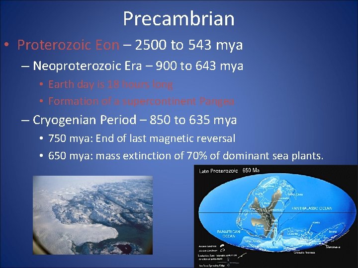 Precambrian • Proterozoic Eon – 2500 to 543 mya – Neoproterozoic Era – 900