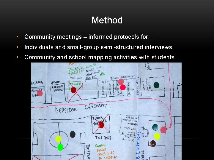 Method • Community meetings – informed protocols for… • Individuals and small-group semi-structured interviews