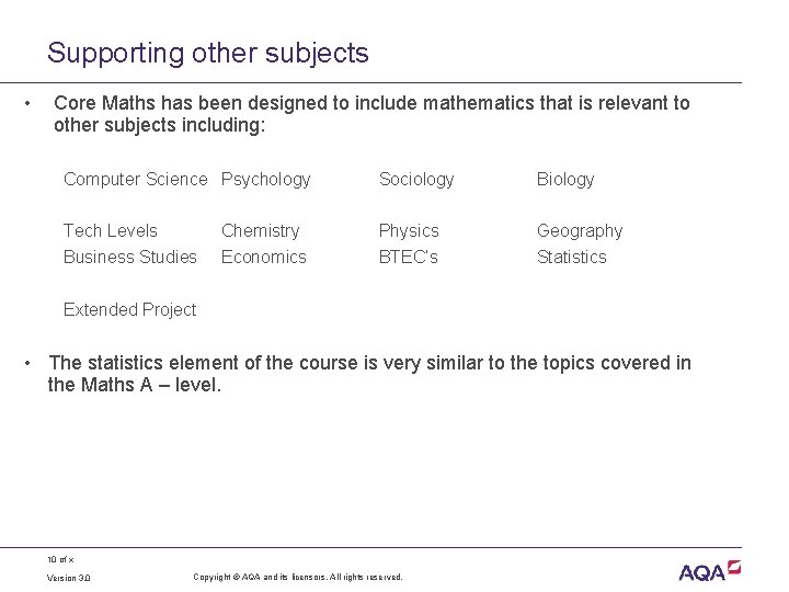 Supporting other subjects • Core Maths has been designed to include mathematics that is