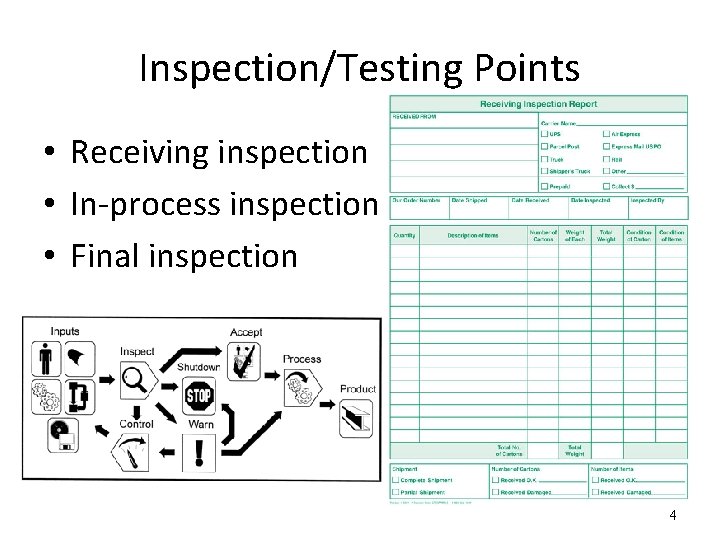 Inspection/Testing Points • Receiving inspection • In-process inspection • Final inspection 4 