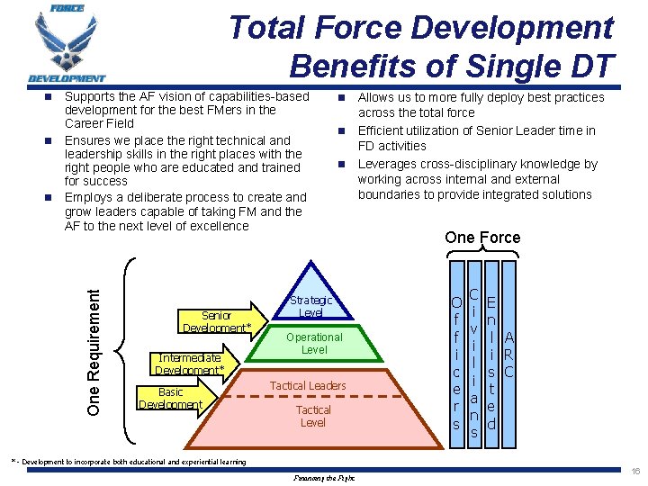 Total Force Development Benefits of Single DT Supports the AF vision of capabilities-based development