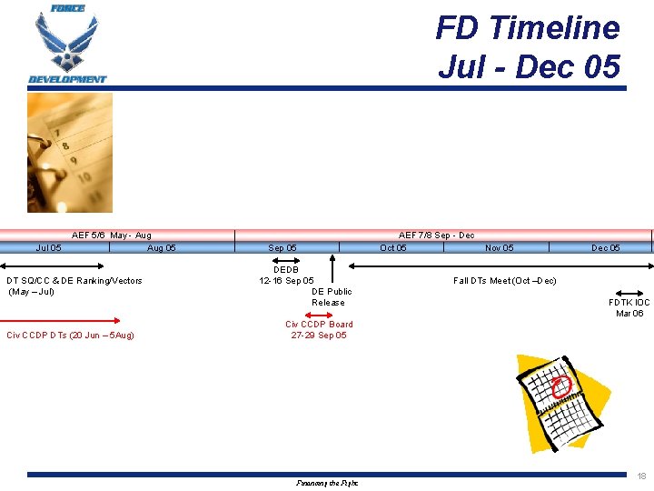 FD Timeline Jul - Dec 05 Jul 05 AEF 5/6 May - Aug 05