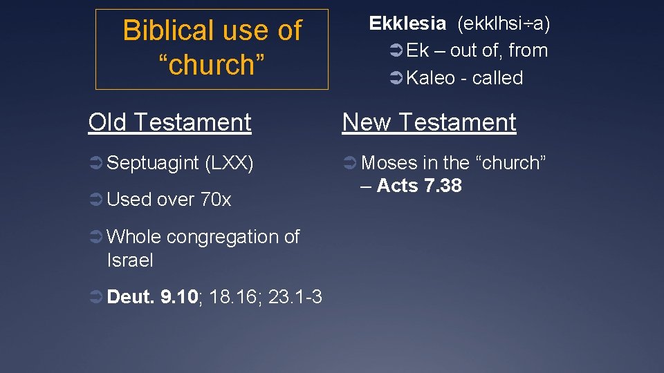 Biblical use of “church” Ekklesia (ekklhsi÷a) Ü Ek – out of, from Ü Kaleo