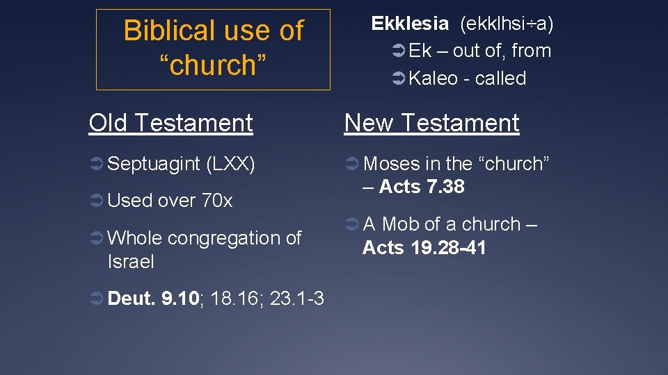 Biblical use of “church” Ekklesia (ekklhsi÷a) Ü Ek – out of, from Ü Kaleo