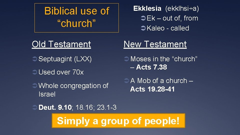 Biblical use of “church” Ekklesia (ekklhsi÷a) Ü Ek – out of, from Ü Kaleo