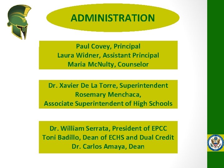 ADMINISTRATION Paul Covey, Principal Laura Widner, Assistant Principal Maria Mc. Nulty, Counselor Dr. Xavier