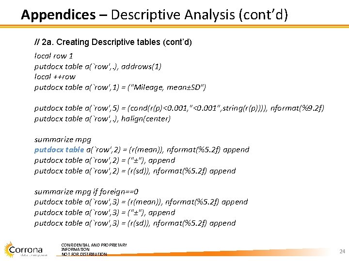 Appendices – Descriptive Analysis (cont’d) // 2 a. Creating Descriptive tables (cont’d) local row Appendices – Descriptive Analysis (cont’d) // 2 a. Creating Descriptive tables (cont’d) local row