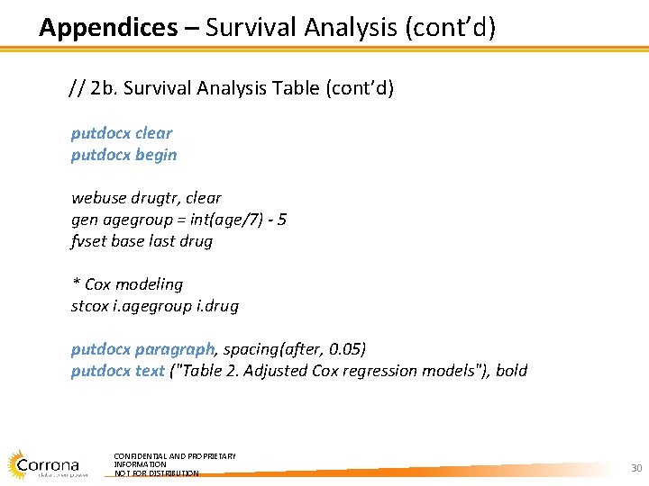 Appendices – Survival Analysis (cont’d) // 2 b. Survival Analysis Table (cont’d) putdocx clear Appendices – Survival Analysis (cont’d) // 2 b. Survival Analysis Table (cont’d) putdocx clear