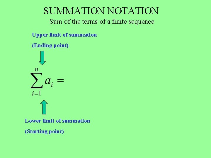 SUMMATION NOTATION Sum of the terms of a finite sequence Upper limit of summation