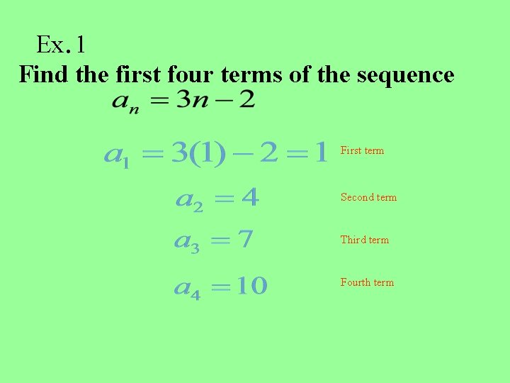 . Ex 1 Find the first four terms of the sequence First term Second