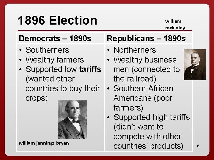 1896 Election Democrats – 1890 s • Southerners • Wealthy farmers • Supported low