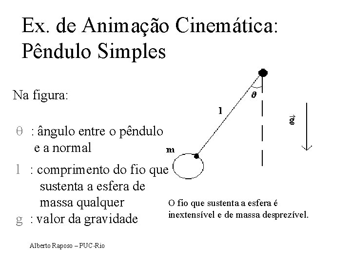 Ex. de Animação Cinemática: Pêndulo Simples Na figura: q : ângulo entre o pêndulo