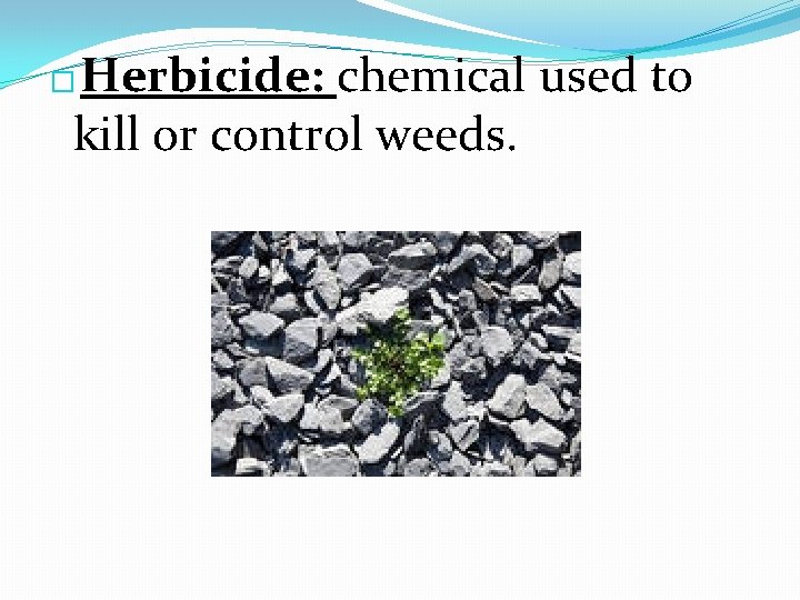 Herbicide: chemical used to kill or control weeds. � 