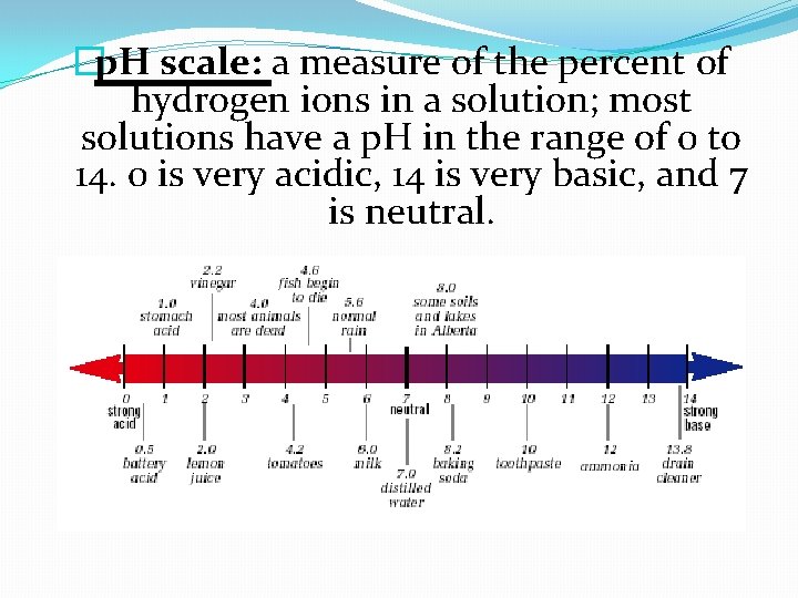 �p. H scale: a measure of the percent of hydrogen ions in a solution;