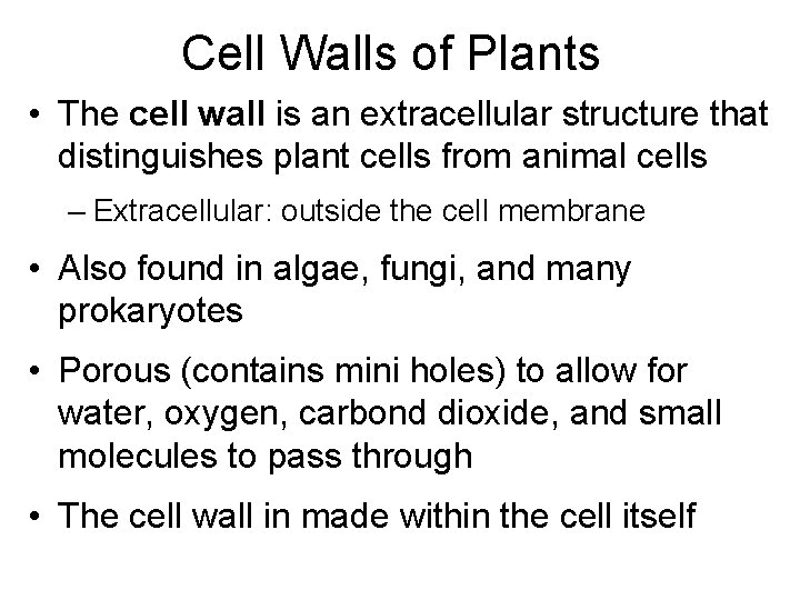 Cell Walls of Plants • The cell wall is an extracellular structure that distinguishes