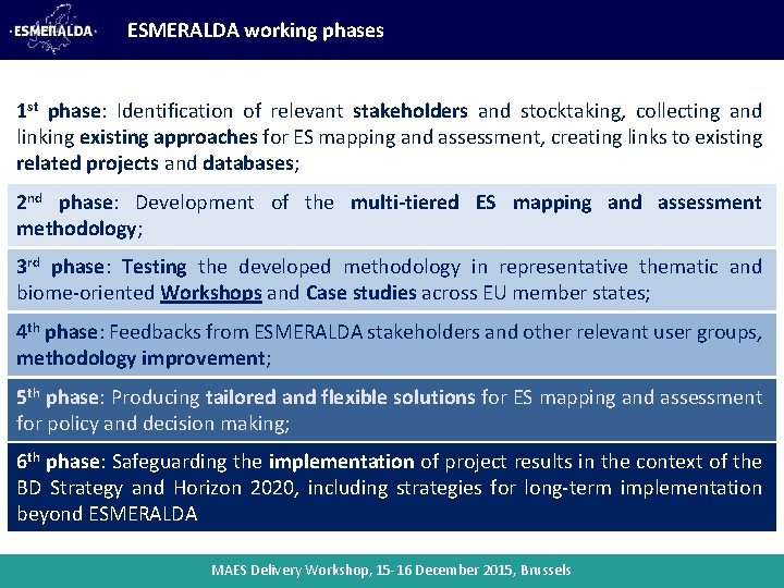 ESMERALDA working phases 1 st phase: Identification of relevant stakeholders and stocktaking, collecting and