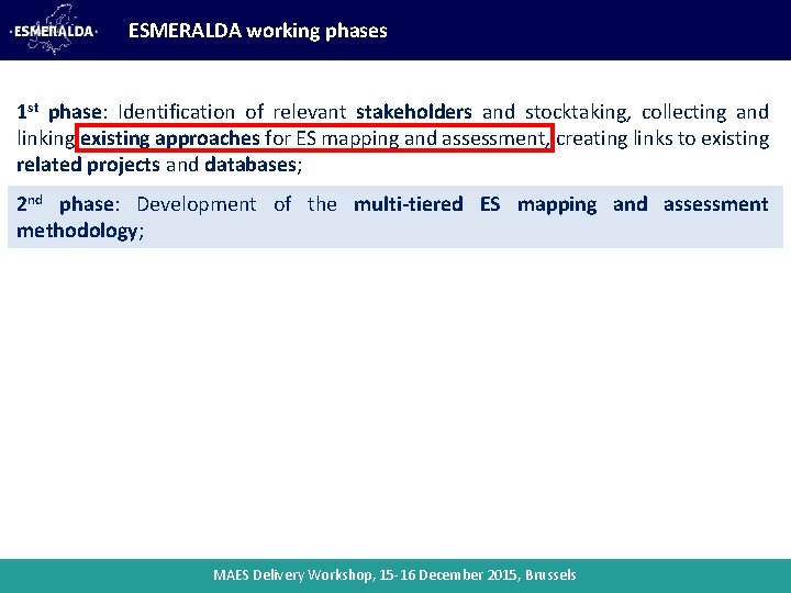 ESMERALDA working phases 1 st phase: Identification of relevant stakeholders and stocktaking, collecting and