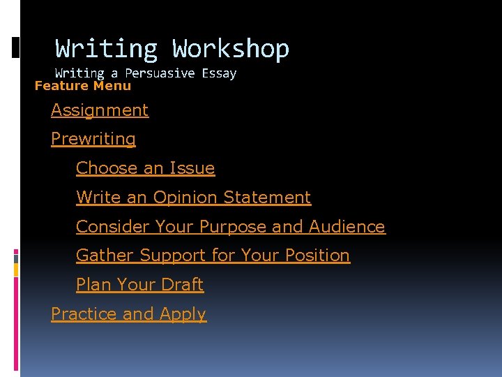 Writing Workshop Writing a Persuasive Essay Feature Menu Assignment Prewriting Choose an Issue Write