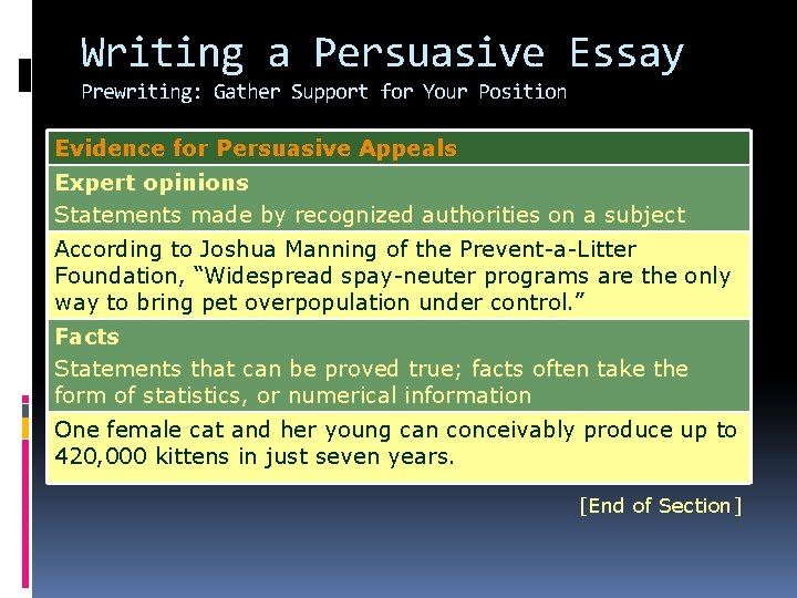 Writing a Persuasive Essay Prewriting: Gather Support for Your Position Evidence for Persuasive Appeals