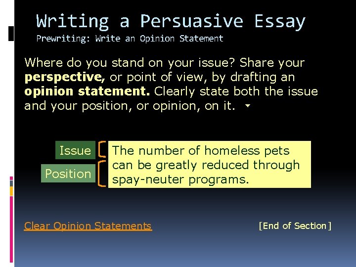 Writing a Persuasive Essay Prewriting: Write an Opinion Statement Where do you stand on