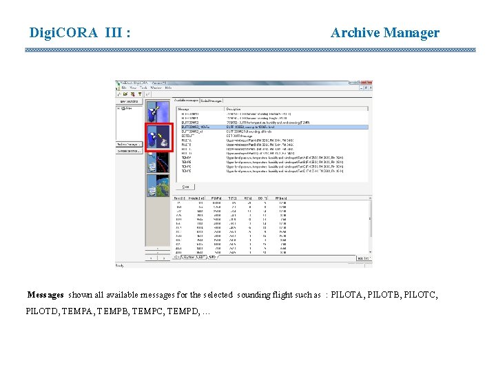 Digi. CORA III : Archive Manager Messages shown all available messages for the selected Digi. CORA III : Archive Manager Messages shown all available messages for the selected