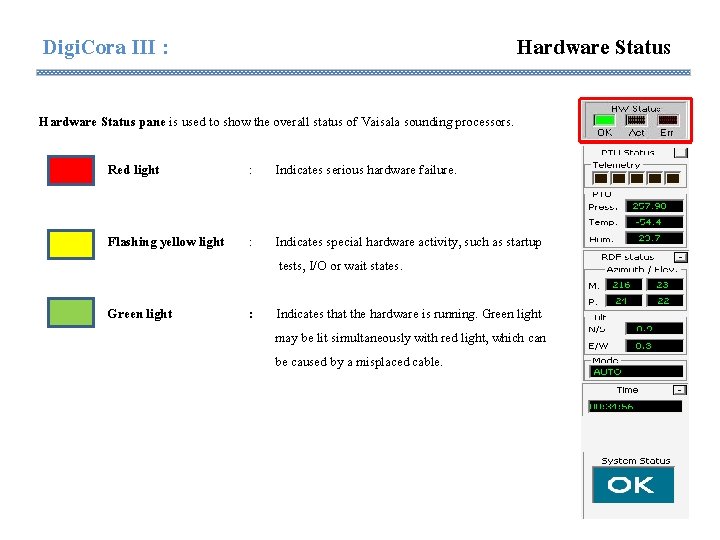 Digi. Cora III : Hardware Status pane is used to show the overall status Digi. Cora III : Hardware Status pane is used to show the overall status