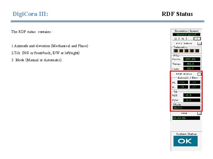 Digi. Cora III: The RDF status contains : 1. Azimuth and elevation (Mechanical and Digi. Cora III: The RDF status contains : 1. Azimuth and elevation (Mechanical and