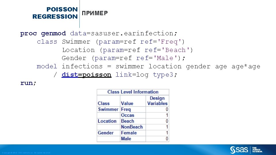 POISSON ПРИМЕР REGRESSION proc genmod data=sasuser. earinfection; class Swimmer (param=ref ref='Freq') Location (param=ref ref='Beach')