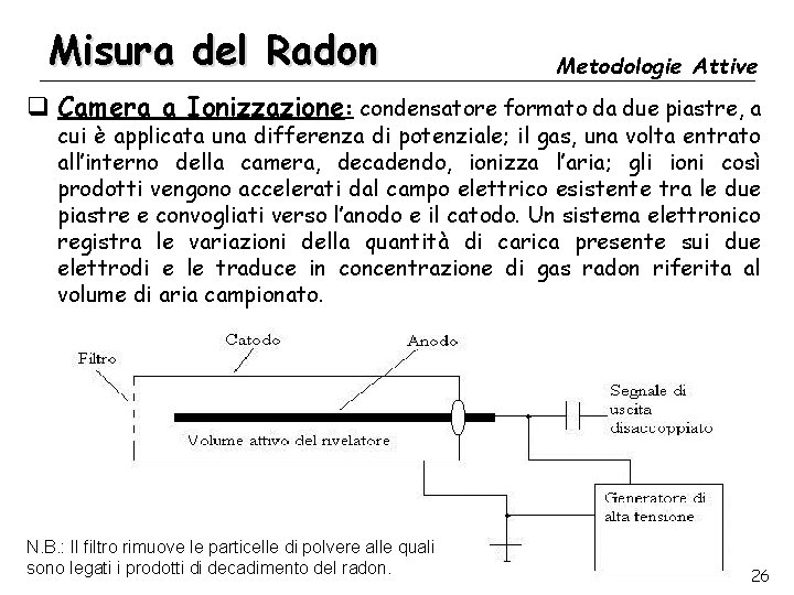 Misura del Radon Metodologie Attive q Camera a Ionizzazione: condensatore formato da due piastre,